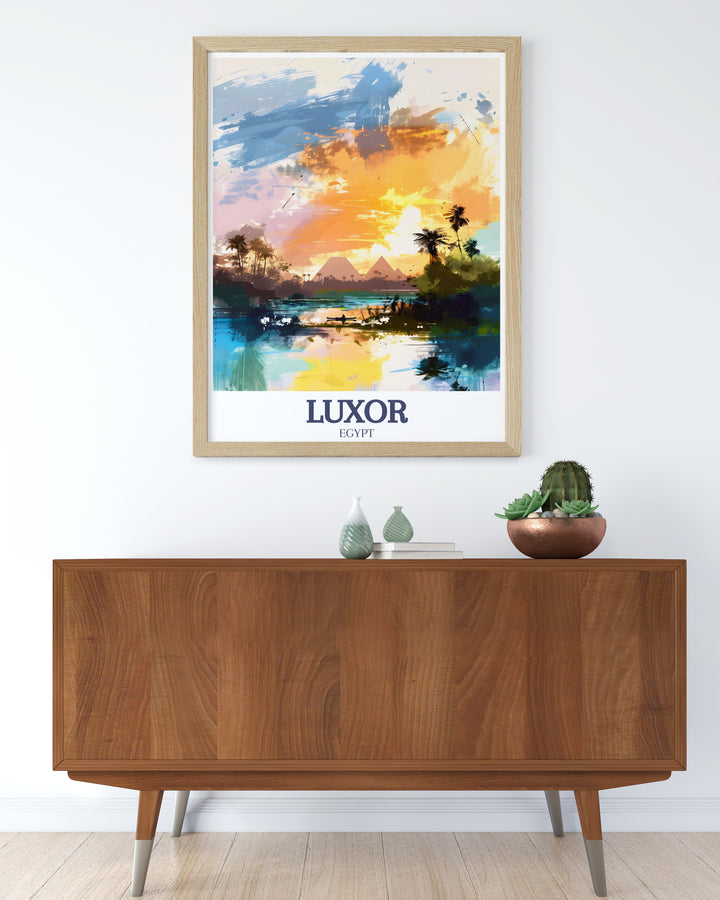 Luxor Egypt art print showcasing the iconic Pyramids of Giza and Nile River perfect for adding a touch of ancient history and beauty to your home decor or as a special gift for lovers of Egypt travel art