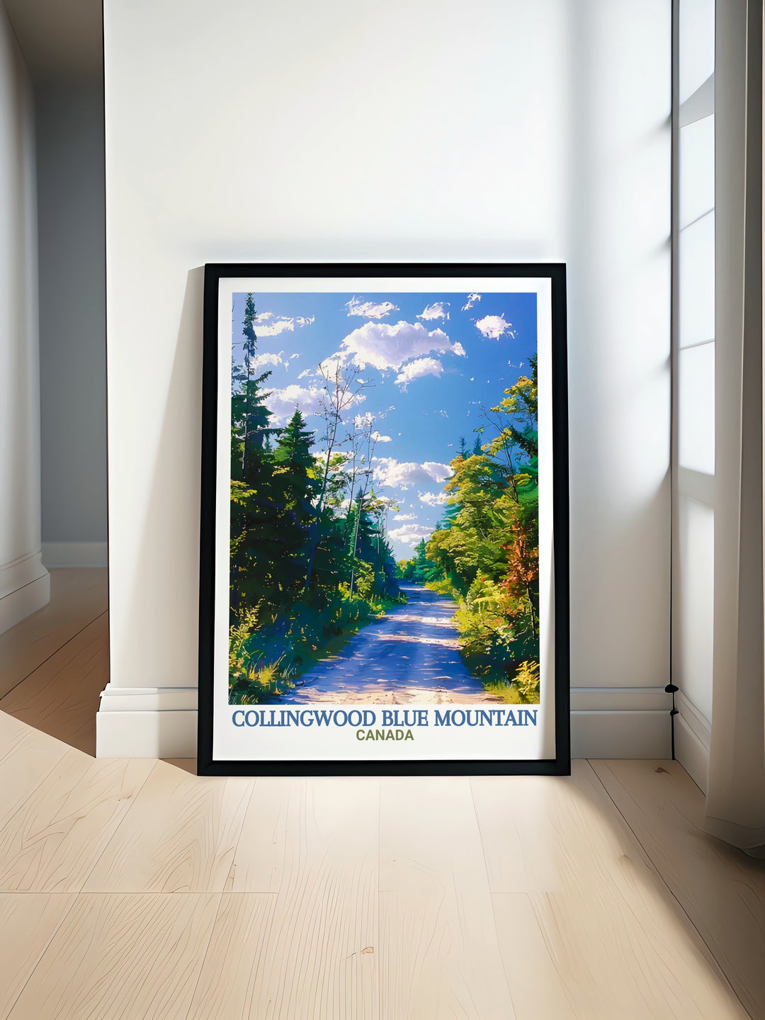 Collingwood Poster Print presents a stunning view of Blue Mountain and the Georgian Trail, offering a glimpse of Ontarios most scenic outdoor destinations. This travel print is perfect for those who love exploring Canadas natural beauty and want to bring it into their home decor.