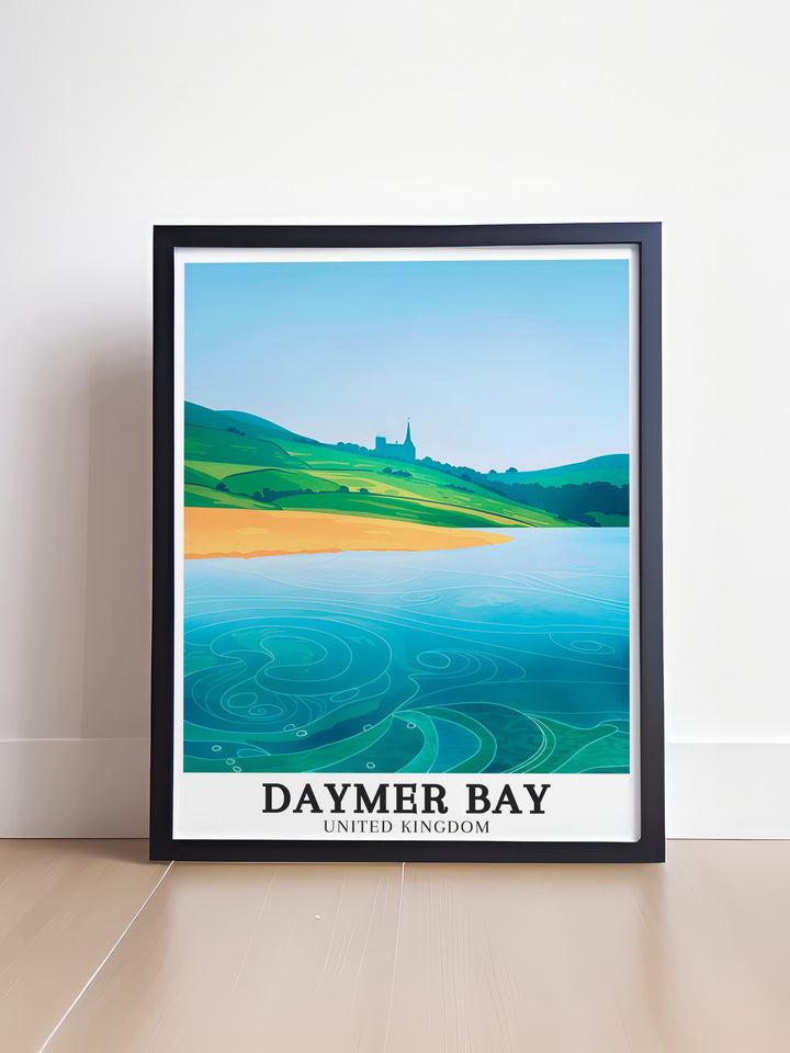 This travel poster captures the serene beauty of Daymer Bay, featuring its peaceful sands and gentle waves. Perfect for adding a touch of coastal charm to your home, this artwork brings the tranquility of Cornwalls Daymer Bay into your living space.