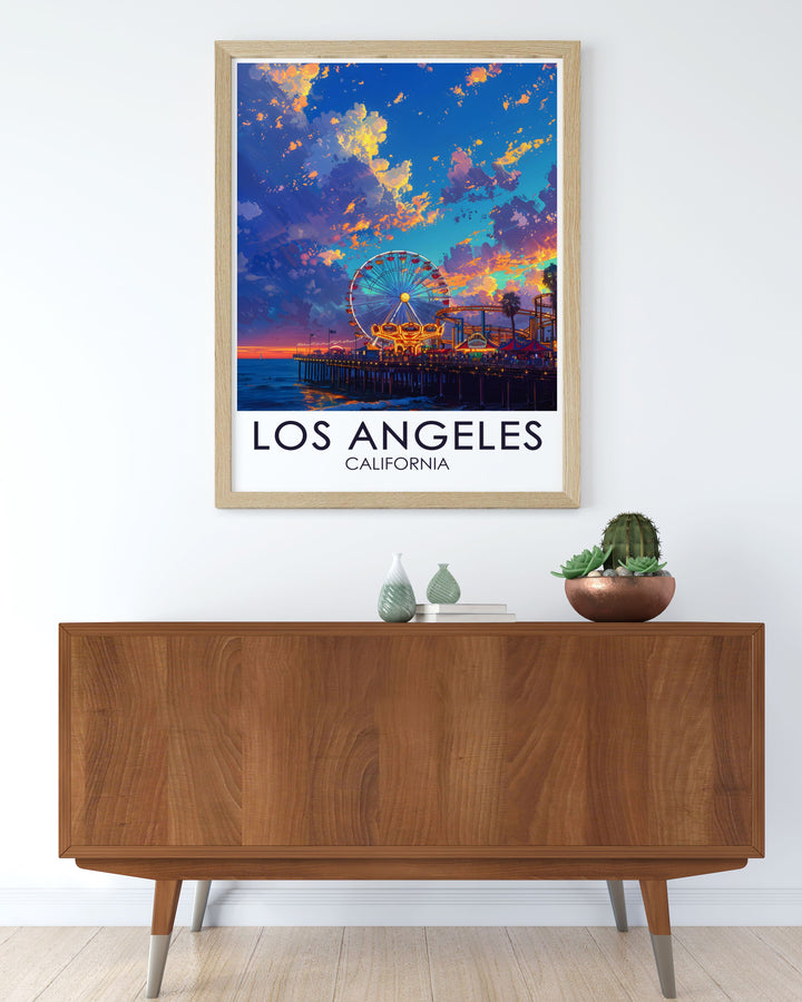 Charming Santa Monica Pier poster showcasing the lively attractions and beautiful ocean views of Los Angeles perfect for adding a touch of nostalgia to your home decor an ideal addition to your collection of California prints and Los Angeles artwork