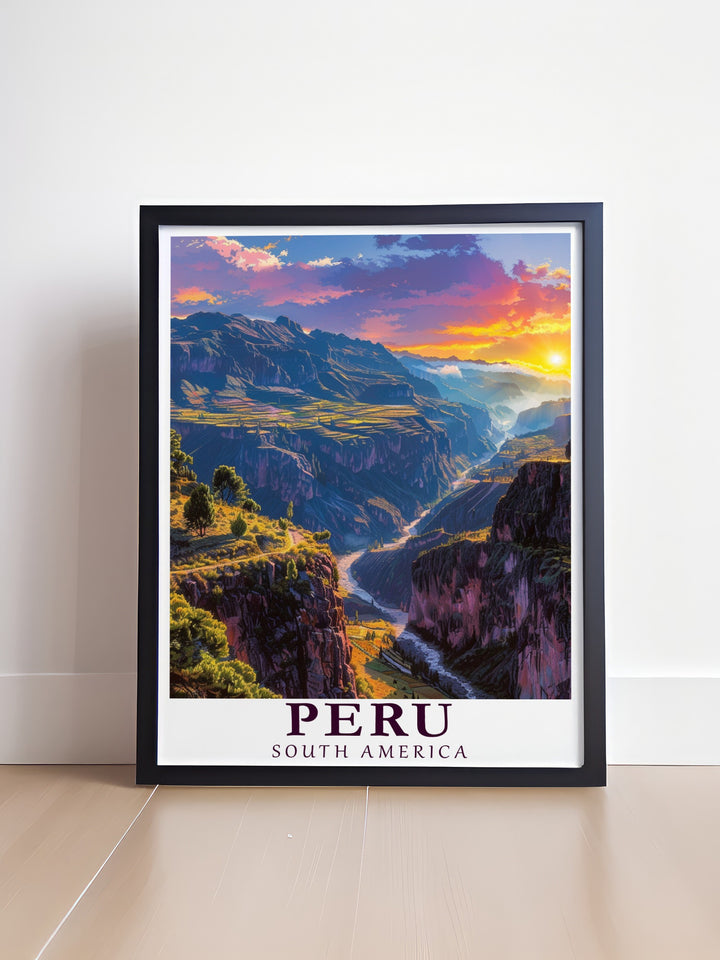 Lima wall art capturing the vibrant city life alongside Colca Canyons dramatic depth. The artwork combines Perus natural landscapes with its rich cultural heritage, creating a stunning visual representation of South Americas must see locations. Ideal for travelers and art collectors alike.