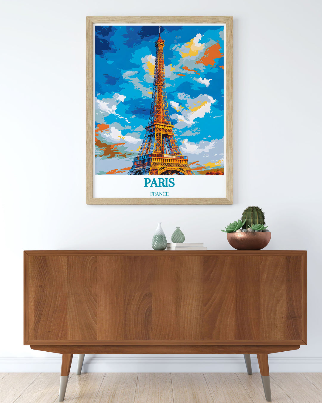 Elegant Eiffel Tower Framed Print showcasing Paris in rich colors. A stylish choice for home decor or as a personalized gift for friends who love travel and vibrant art.