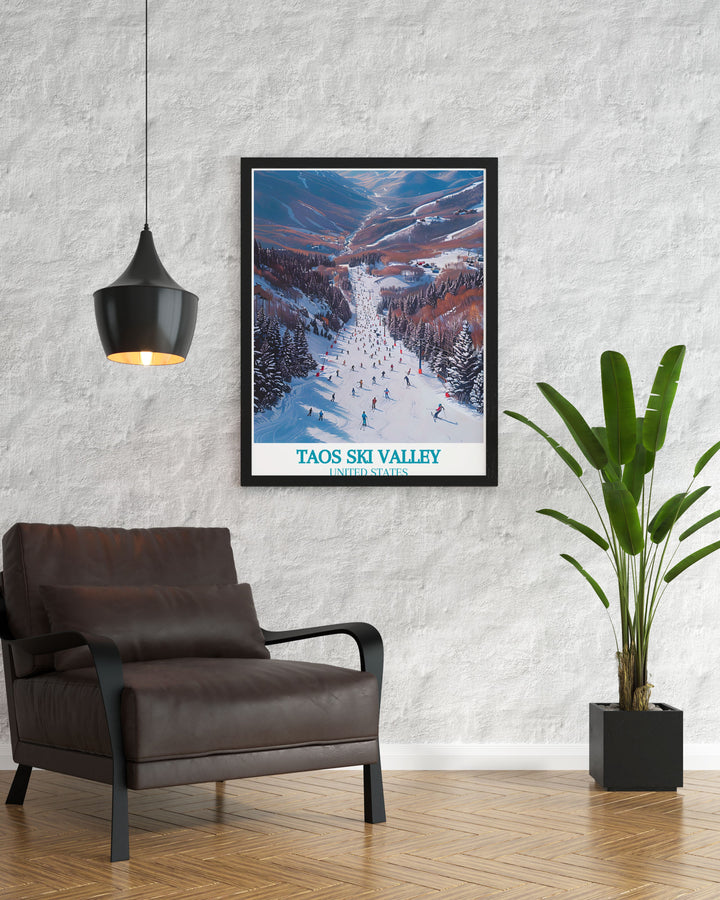 Explore the thrilling slopes of Taos Ski Valley with this travel poster, capturing the stunning landscape and exhilarating ski trails.