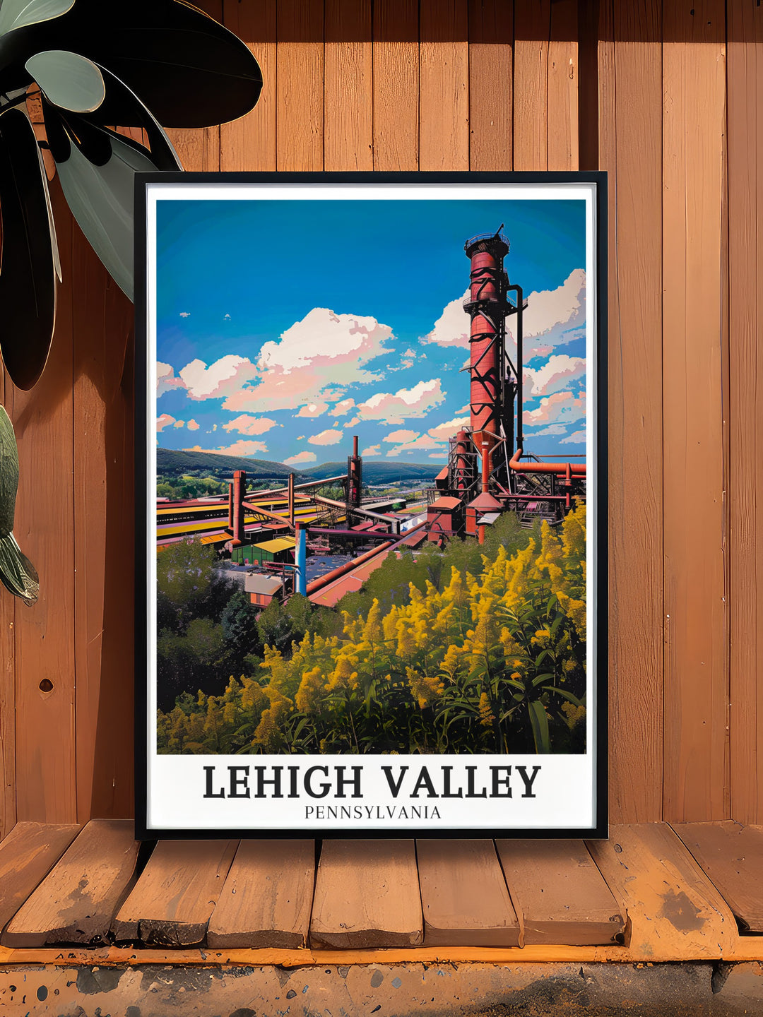 A beautiful travel poster of Bethlehem Steel, capturing the iconic structures that symbolize the industrial might of Pennsylvania. This detailed print is perfect for anyone looking to add a piece of American history to their home decor or as a thoughtful gift for lovers of industrial art.