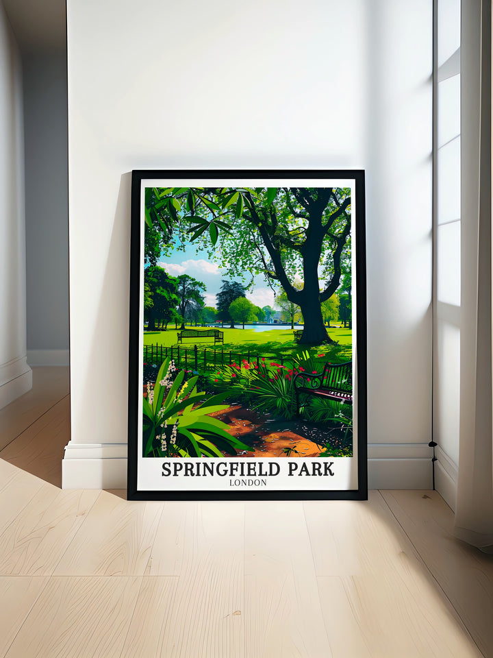 Springfield Park Poster Print featuring The White Lodge The Pond and Regents Canal an elegant vintage print perfect for lovers of East London parks and nature a stunning addition to any living room or office decor showcasing Hackneys natural beauty.