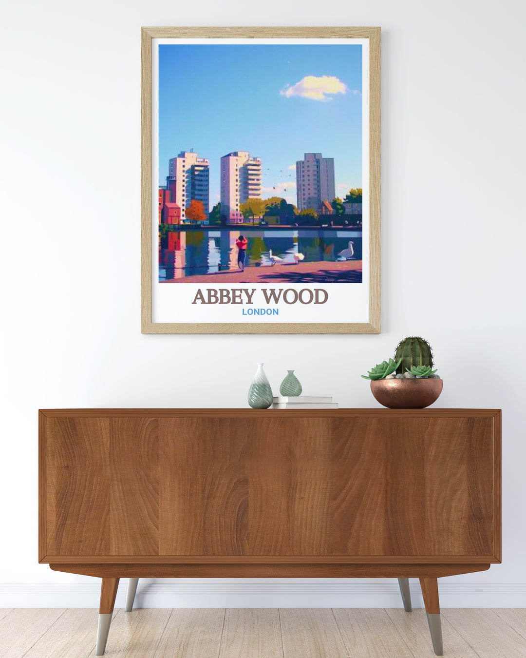 Southmere Lake Modern Prints highlighting the tranquil waters and lush landscapes of this South East London gem along with the historic ruins of Lesnes Abbey a beautiful addition to your collection of London park posters