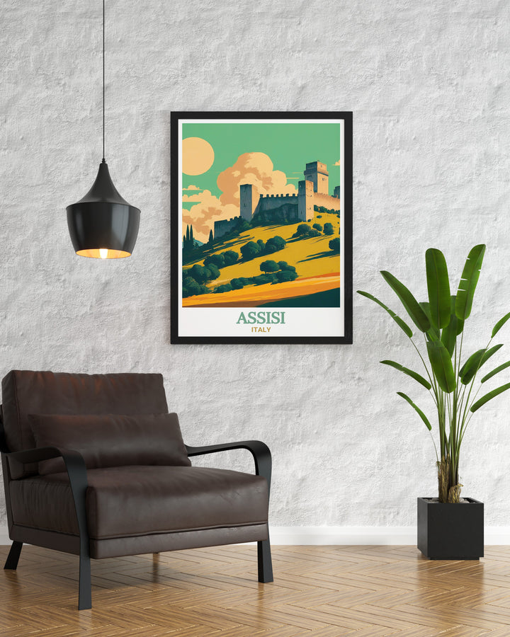 Detailed wall print of Assisi featuring the majestic Rocca Maggiore in Italy, showcasing the fortresss medieval architecture and the sweeping views it offers. Perfect for Italy wall decor or as an Italy travel gift, this print captures the historic essence of Assisi