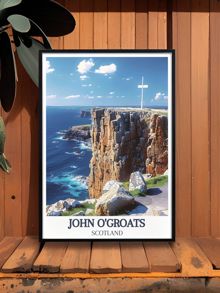 Lands End Signpost wall art featuring the famous signpost at the southernmost point of mainland Britain. Perfect for commemorating the JOGLE Bike Ride from John O Groats to Lands End. An inspiring piece for cycling lovers.