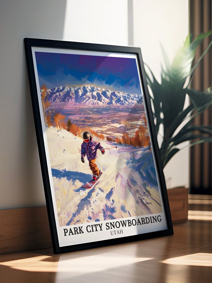 Park City Utah prints. Celebrating the scenic beauty and thrilling adventures of Park City Mountain Resort, these prints are perfect for anyone who loves the snowboarding lifestyle.