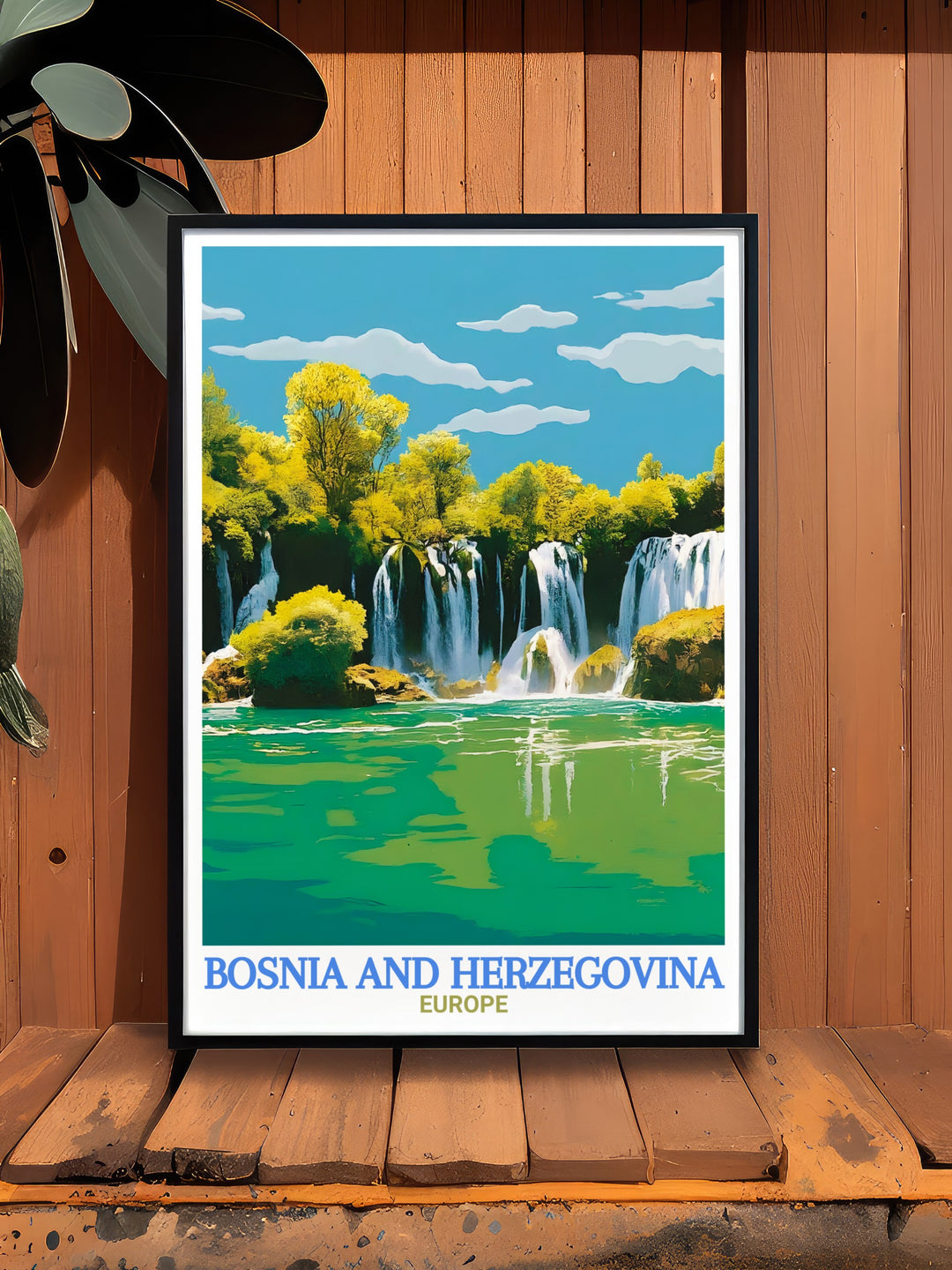 Europe travel print featuring Kravica Waterfalls offers a vibrant glimpse into Bosnia and Herzegovinas natural beauty, with cascading waters set against lush foliage. This canvas art is ideal for anyone looking to add a piece of Europes natural wonders to their collection.