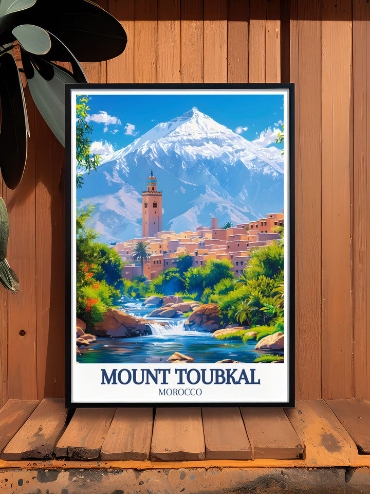 Stunning High Atlas mountains national park print featuring the majestic Mount Toubkal and lush valleys ideal for adding a touch of adventure to your home decor and a thoughtful gift for those who love trekking in Morocco.