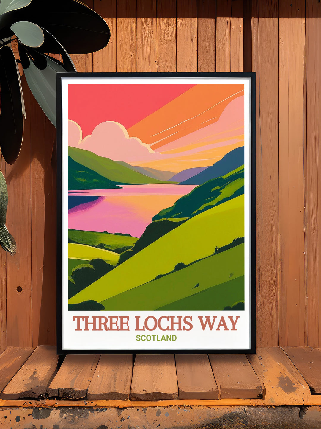 A stunning art print of the Three Lochs Way, featuring the majestic views of Gare Loch and Inveruglas. This wall art is perfect for anyone who loves Scotlands hiking trails and wants to add a touch of nature to their living space.