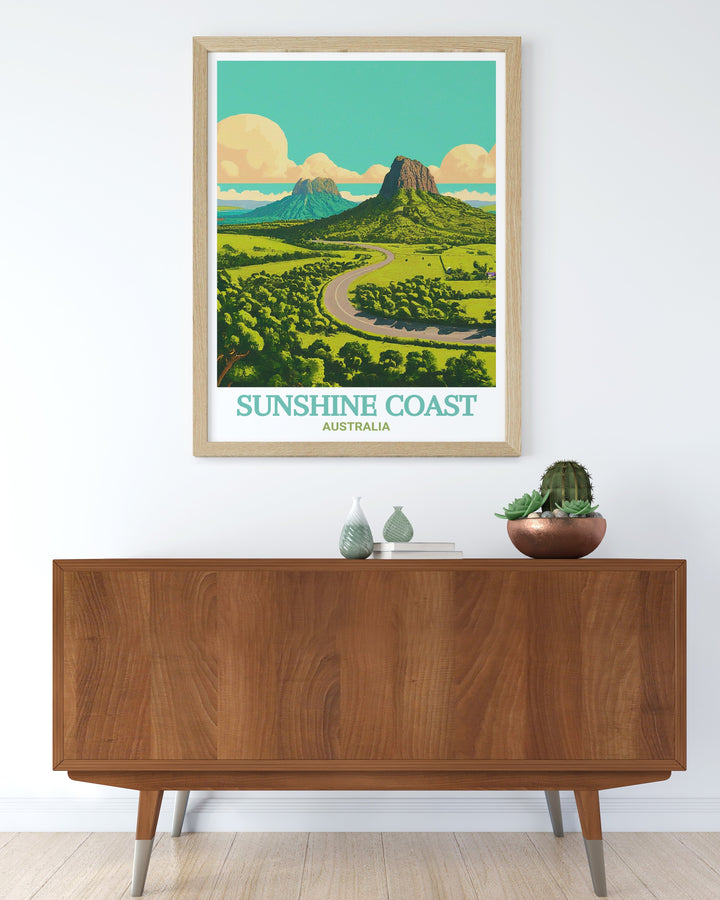 The Glass House Mountains, an iconic landmark on Australias Sunshine Coast, are showcased in this beautiful travel print. Its detailed illustration makes it an excellent addition to any wall art collection, celebrating Australias landscapes.