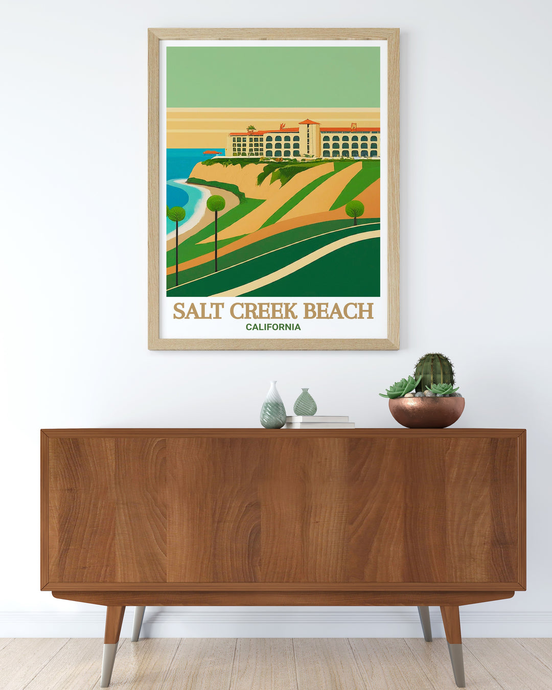 The iconic Salt Creek Beach and Ritz Carlton Laguna Niguel are featured in this stunning print, showcasing the beauty of Californias coastline. The detailed artwork adds a touch of coastal elegance to any room, making it a must have for ocean lovers.