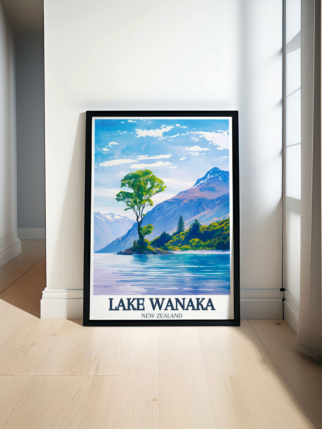 Stunning New Zealand print featuring the iconic lake wanaka tree in Mount Aspiring National Park Perfect wall art for nature lovers and travel enthusiasts who appreciate the serene beauty of Lake Wanaka and want to bring it into their home decor
