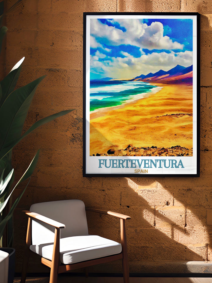 A stunning Fuerteventura canvas print depicting Cofete Beachs tranquil, wide open sands. This travel poster is a wonderful addition to any home decor, bringing the raw beauty of Spains Canary Islands to life in your living space.