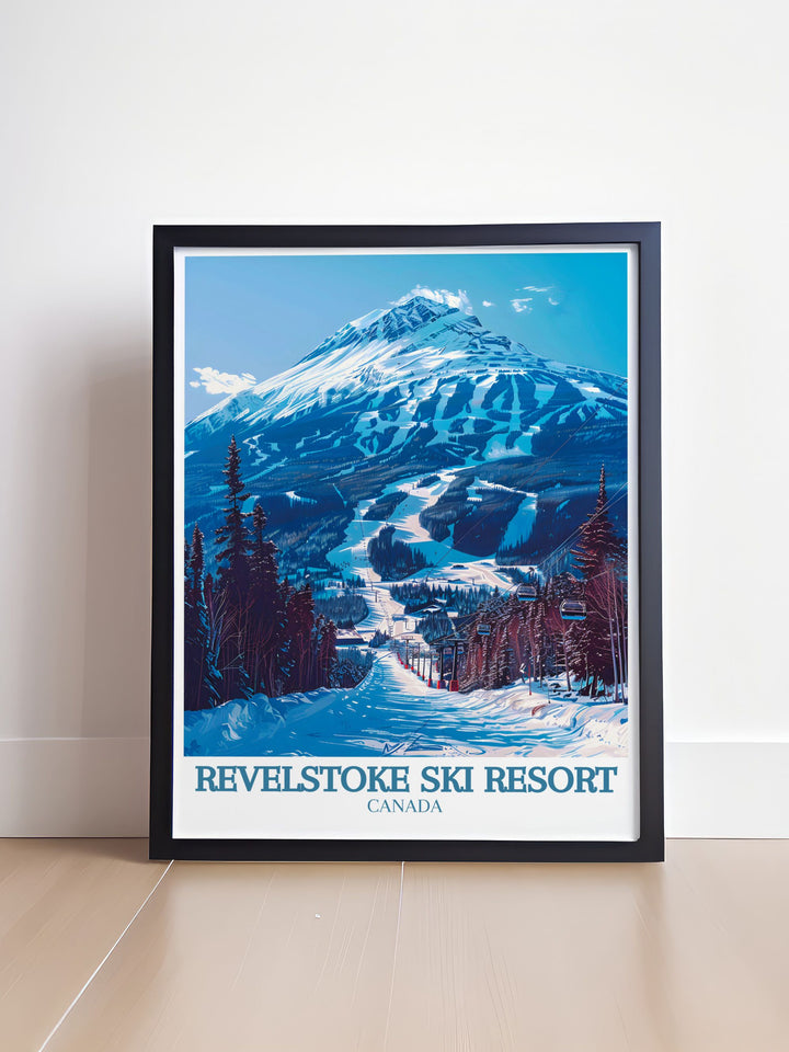 Vintage Ski Poster of Mount Mackenzie and the Revelation Gondola cable car. This National Park Poster brings a nostalgic feel to your decor, perfect for those who appreciate the classic charm of ski resorts and mountain adventures.