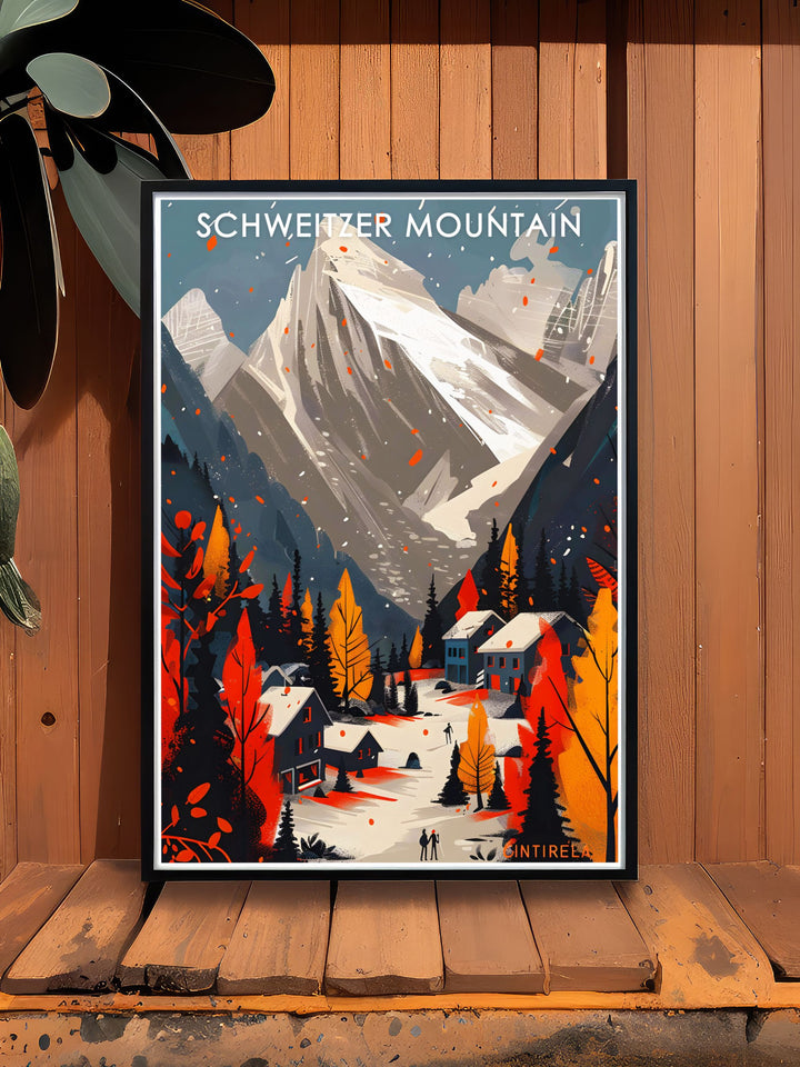 The cozy chalets and lively atmosphere of Schweitzer Village are captured in this charming travel poster. Perfect for bringing a touch of alpine warmth to your home decor.