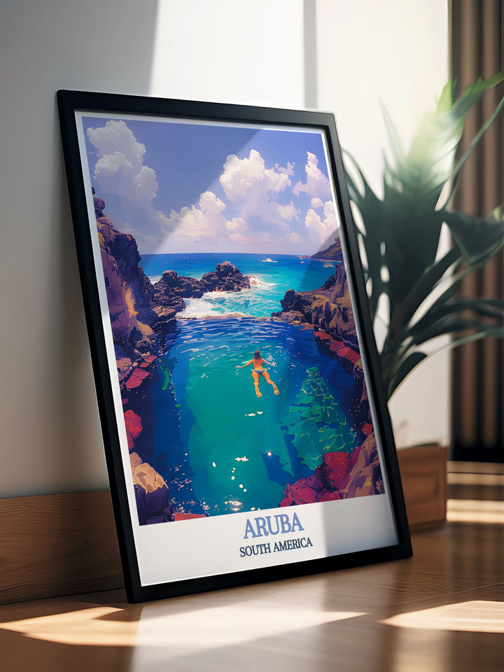 Stunning Aruba wall art showcasing the serene landscapes and crystal clear waters of the Natural Pool ideal for enhancing your living space with a touch of Caribbean charm and creating a dynamic atmosphere in any room with its vibrant colors and detailed design