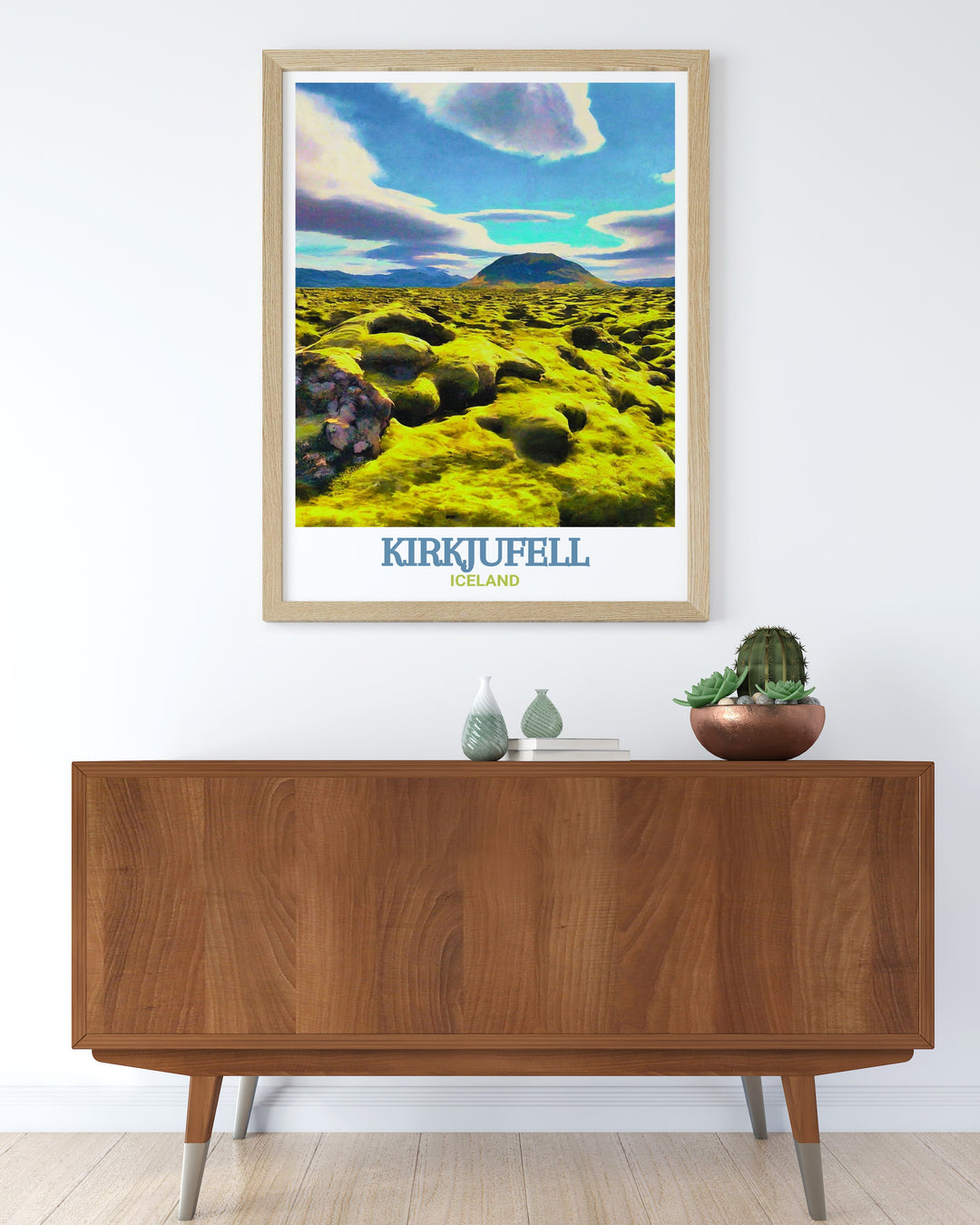 Iceland Wall Print showcasing the contrasting elements of Icelands geography, from the serene peak of Kirkjufell to the rugged expanse of Berserkjahraun. This wall print is designed to bring the striking beauty of Icelands natural features into any interior space, perfect for those who appreciate bold and dramatic scenery.