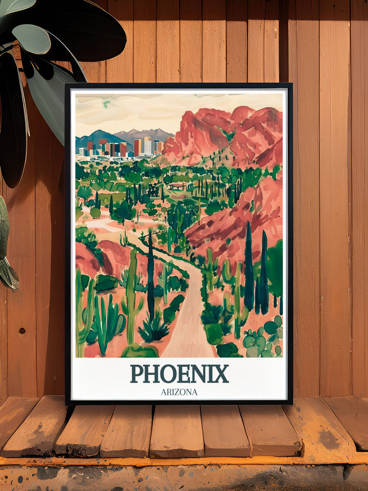 Desert Botanical Garden Wall Art featuring the serene gardens with Camelback Mountain in the background. This canvas art brings the essence of Arizonas desert landscapes into your home decor, ideal for nature lovers.