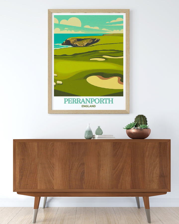 s. Captivating canvas print of Perranporth Golf Club, highlighting the lush greens and coastal beauty of England. Perfect for adding a touch of elegance to your space. This print brings the peaceful beauty of Englands coastline into your home.