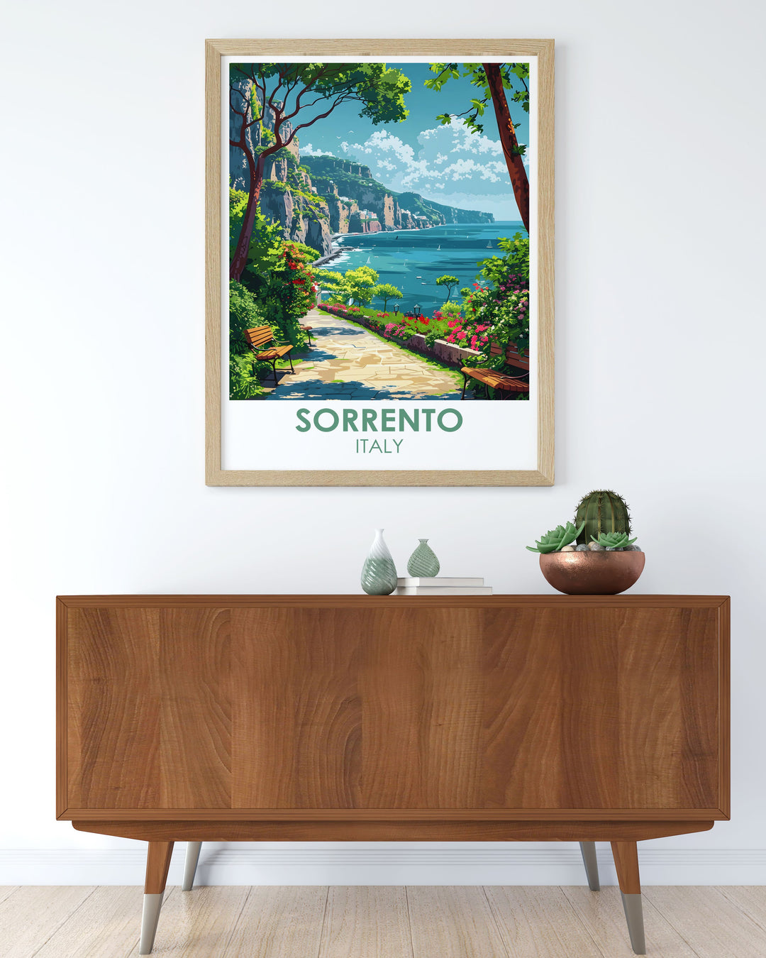 Italy travel print showcasing the tranquility of Villa Comunale Park in Sorrento with vibrant greenery and picturesque pathways. Ideal for creating an inviting and artistic atmosphere in your living space this Sorrento art print is a stunning addition to any decor.