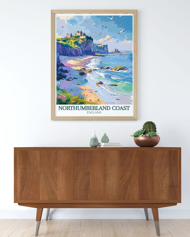 Retro Railway Print depicting Bamburgh Castle and Dunstanburgh Castle capturing the nostalgic essence of Northumberlands past and its picturesque coastal landscapes