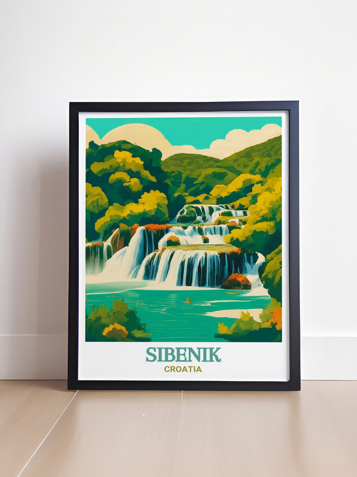 Vintage poster of Sibenik and Krka National Park, capturing the timeless beauty of Croatias coastal town and its surrounding nature. The artwork emphasizes the historical and natural significance of these landmarks, perfect for anyone with a passion for Croatian culture.