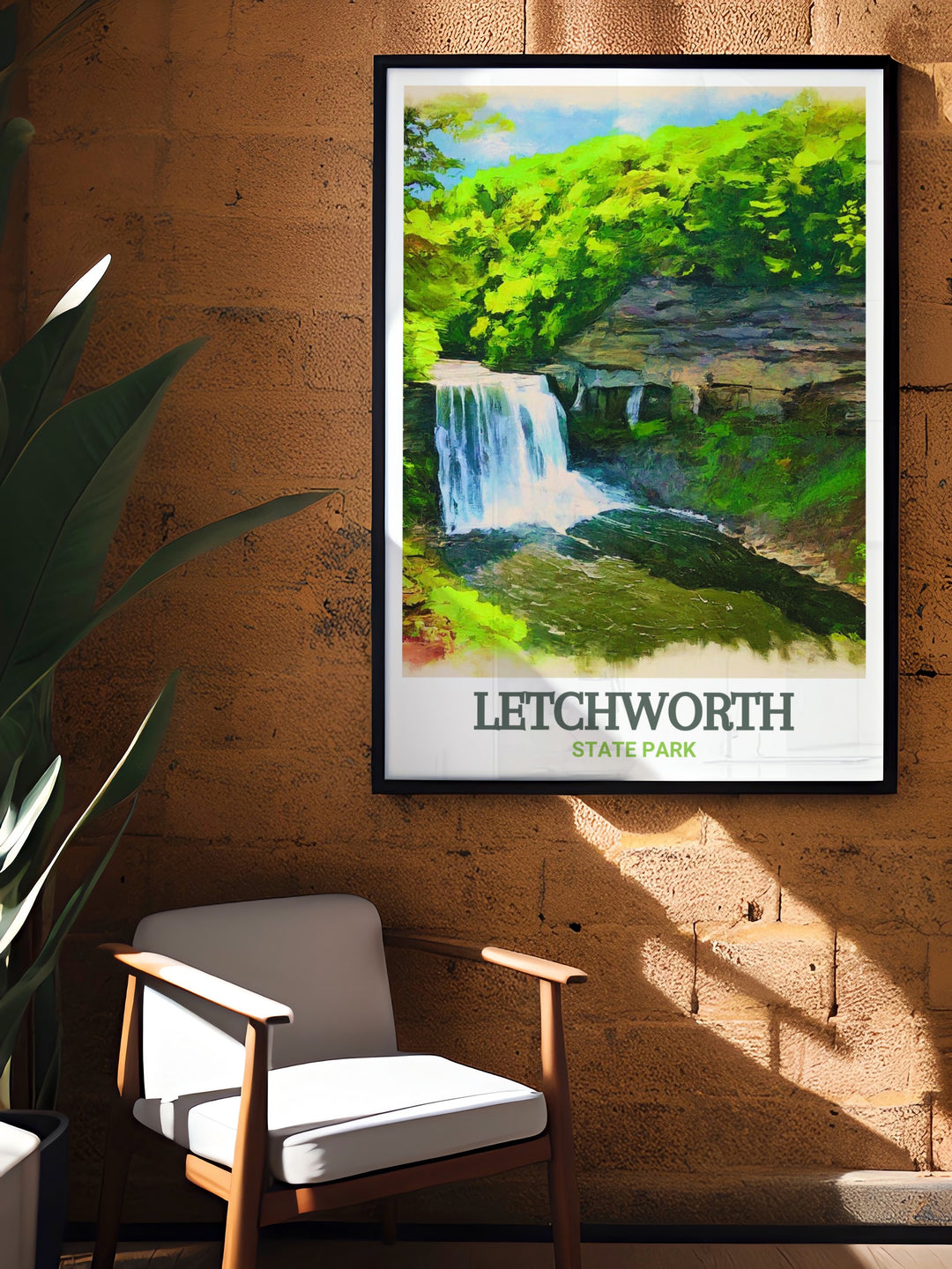 Elegant print of Middle Falls, capturing the natural splendor and powerful ambiance of one of Letchworth State Parks most breathtaking locations. The detailed illustration and vibrant colors make this print a beautiful addition to any home decor.