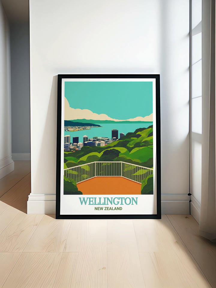 Mount Victoria Lookout canvas art depicting the panoramic views of Wellingtons harbor, hills, and iconic red tram. This New Zealand travel poster captures the lookouts natural beauty, ideal for home décor or as a meaningful gift for travelers.