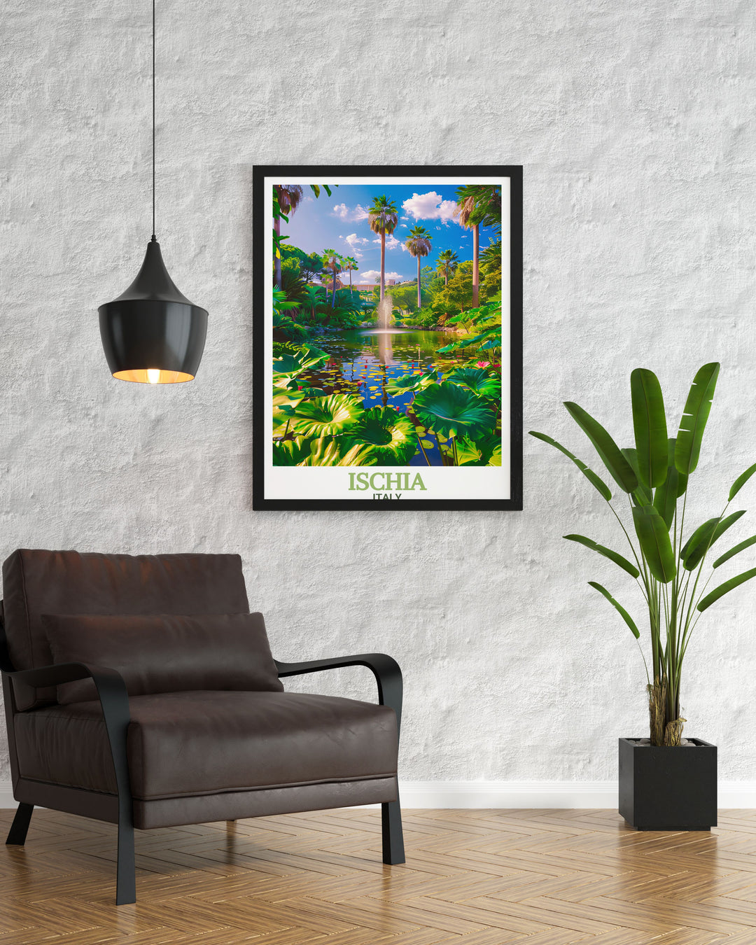 A detailed Ischia travel print featuring La Mortella Gardens, Italy. This colorful art piece captures the gardens peaceful beauty, making it a wonderful addition to your home décor or a special gift for birthdays, anniversaries, or holidays.