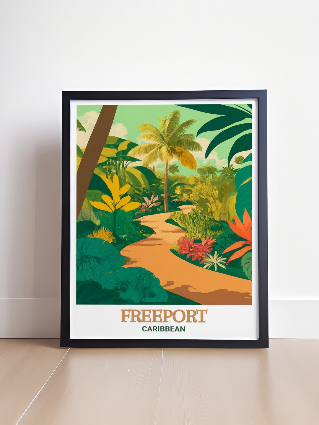 This travel poster features the tropical beauty of Freeport, capturing its pristine beaches and vibrant culture alongside the serene landscapes of the Garden of the Groves, offering a perfect blend of Caribbean charm and natural tranquility for your wall art collection.