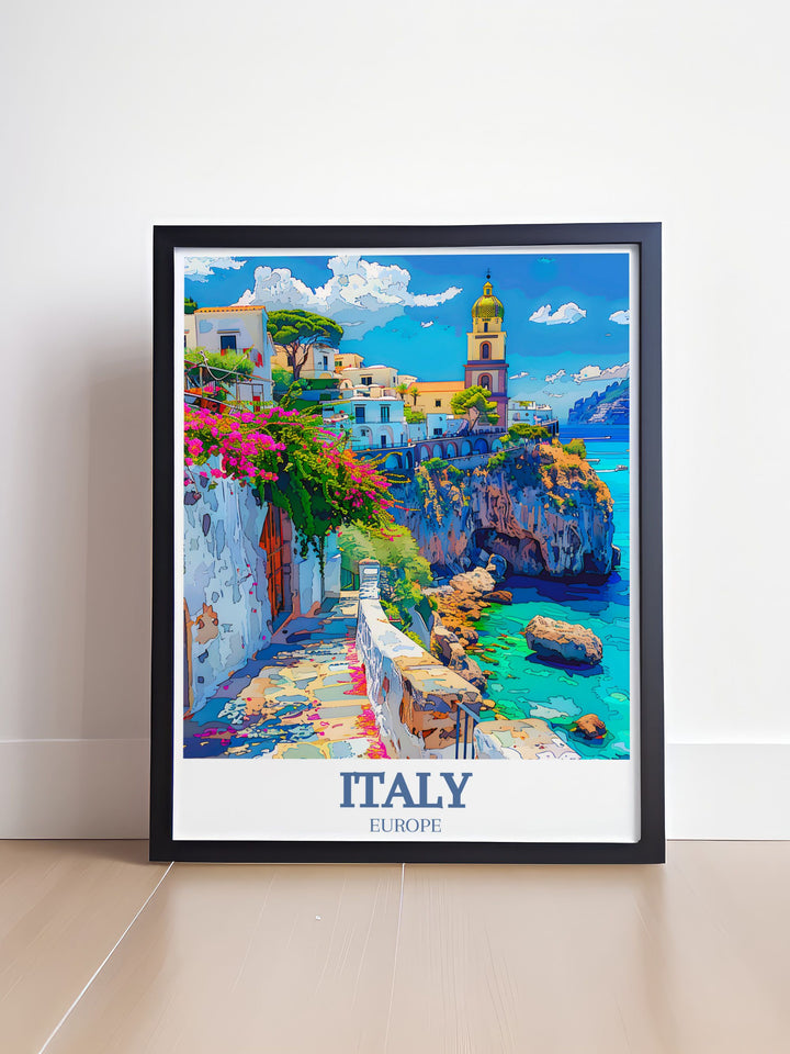 The detailed illustration of the Amalfi Coast and Campanile Bell Tower showcases Italys vibrant landscapes and rich history, making it an ideal piece for your travel art collection.