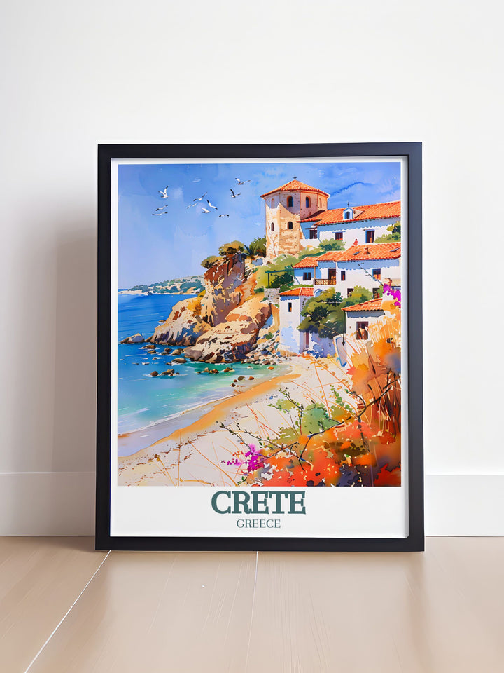 This detailed art print captures the stunning beauty of Elafonissi Beach in Crete, Greece, with its pink hued sands and crystal clear turquoise waters. Ideal for adding a touch of coastal charm to your home decor, this print showcases the unique landscape of one of the worlds most beautiful beaches.