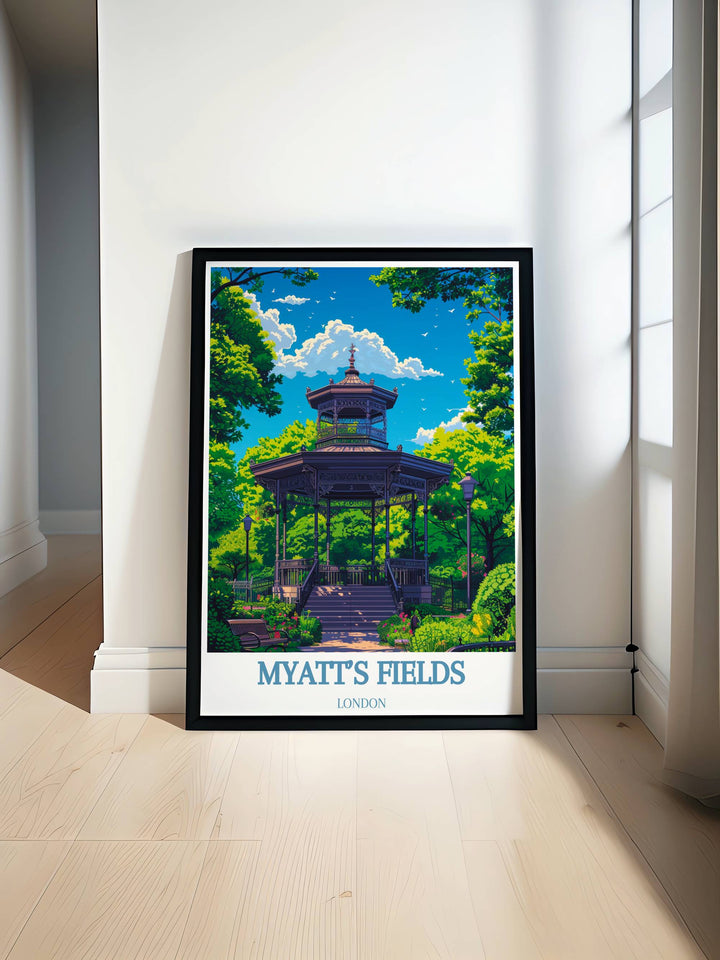 The Bandstand Modern Print highlighting the vintage charm of London parks including Myatts Fields and Camberwell showcasing classic retro style in elegant decor