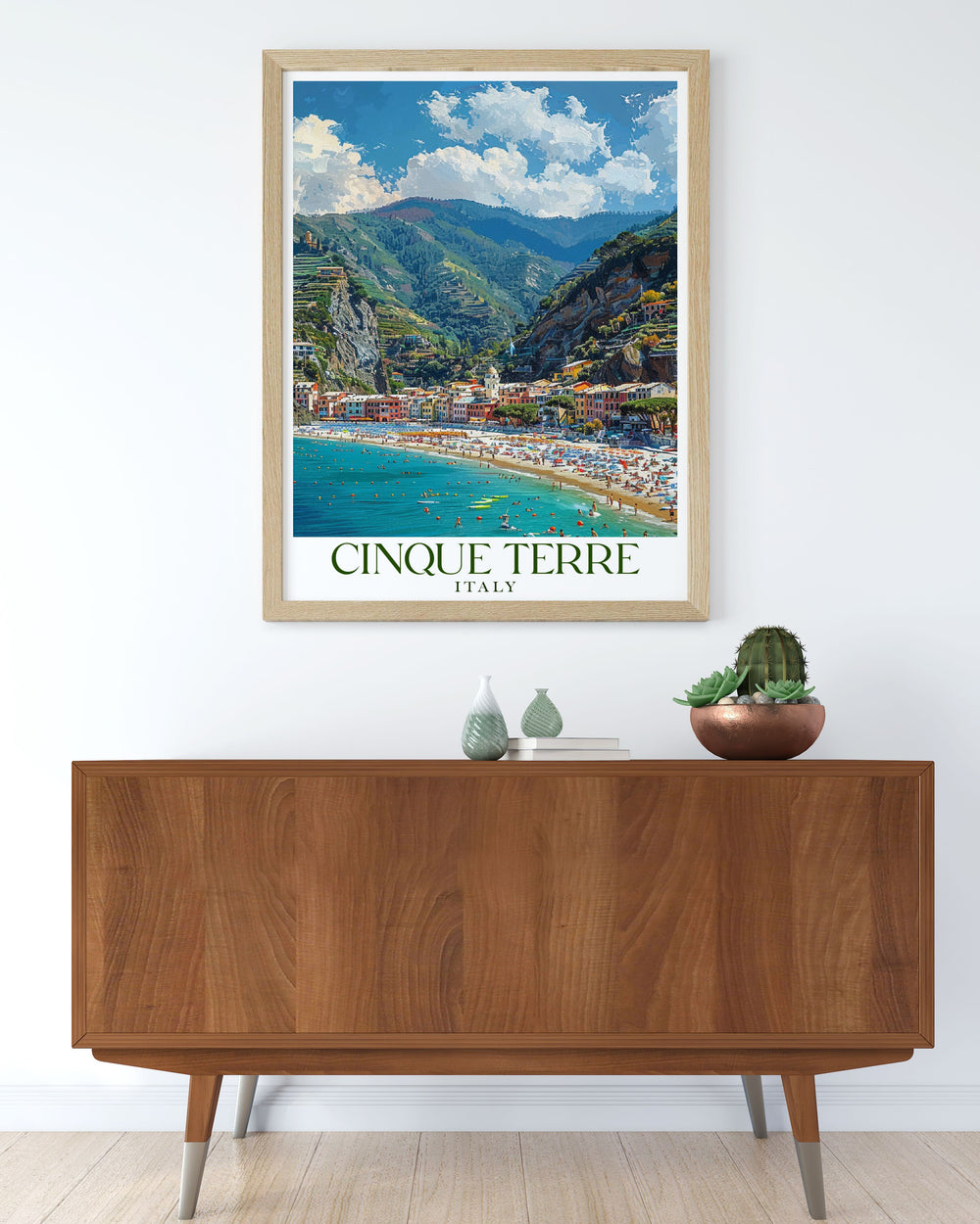 Colorful Monterosso al Mares beach prints showcasing the unique architecture and vibrant hues of Cinque Terre a perfect addition to any room creating a lively and joyful atmosphere with this fine line print.