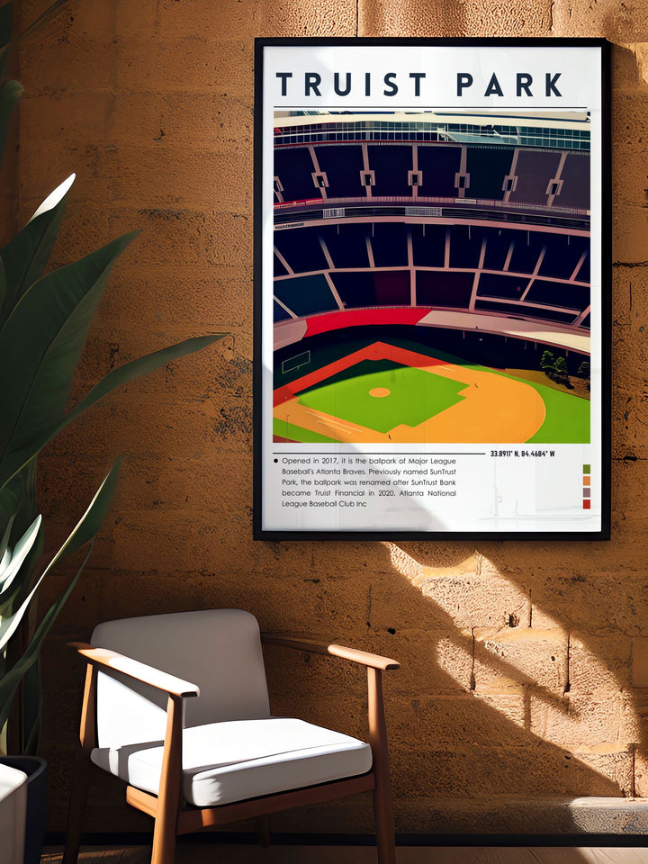 Truist Park skyline print highlighting the architectural beauty and dynamic atmosphere of the Braves home ground this art piece is perfect for fans looking to celebrate their favorite teams stadium with a vibrant and detailed poster suitable for any space