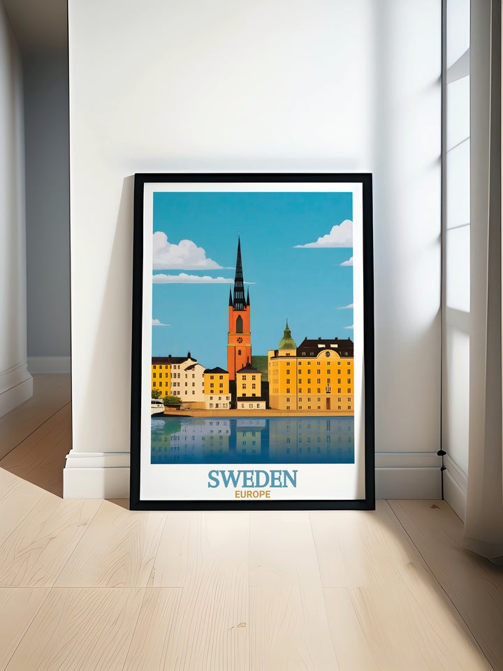 Gamla Stan artwork featuring vibrant colors and historic Swedish architecture is perfect for adding a touch of Sweden to your home. This Sweden travel art makes for stunning wall decor or the perfect travel gift for lovers of history and culture.