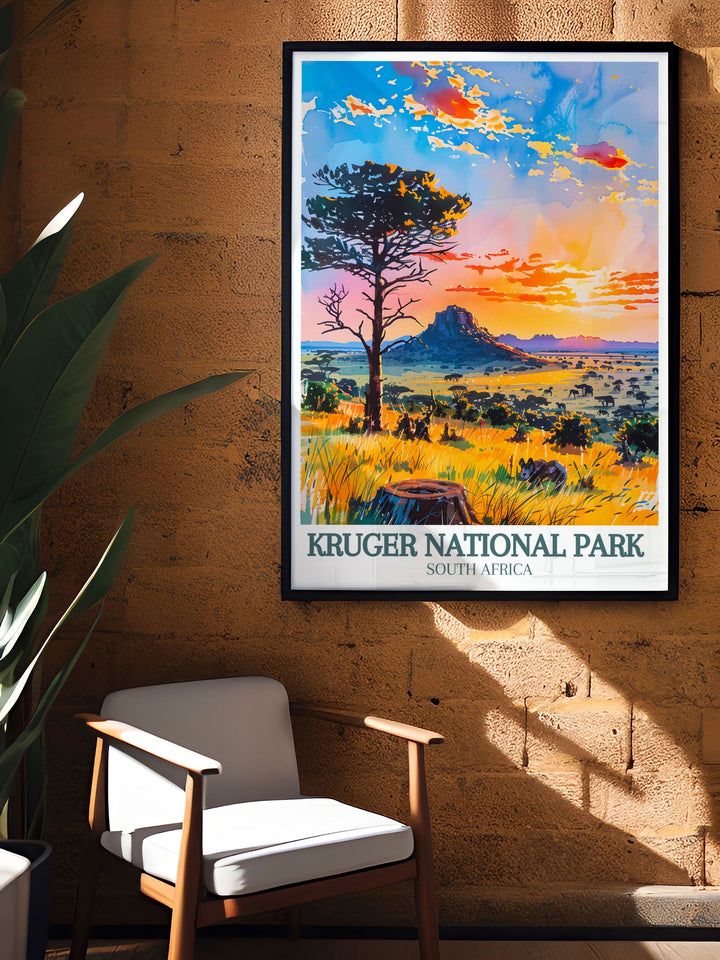 Showcasing the vast savannah, this poster depicts the open landscapes and rich biodiversity of Africa. Perfect for wildlife lovers and travelers, this artwork offers a glimpse into the heart of the African wilderness.