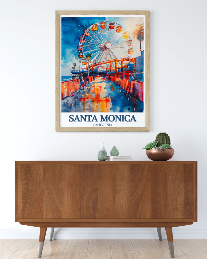 Santa Monica Pier art print showcasing its rich history, entertainment options, and scenic coastal views. Perfect for adding a nostalgic and vibrant touch to your beach home decor.