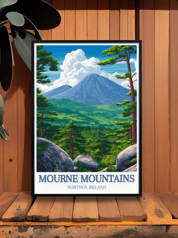 Experience the enchanting beauty of the Mourne Mountains with this detailed poster, capturing their serene landscapes and scenic trails, perfect for adding a touch of natural elegance to your home.