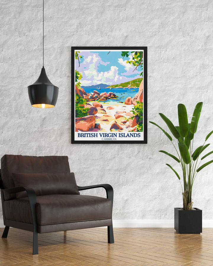 Capture the stunning beauty of the Baths National Park in Virgin Gorda with this vibrant art print. Perfect for adding a touch of Caribbean elegance to your home decor, this print showcases the iconic granite boulders and tranquil waters of this unique landscape