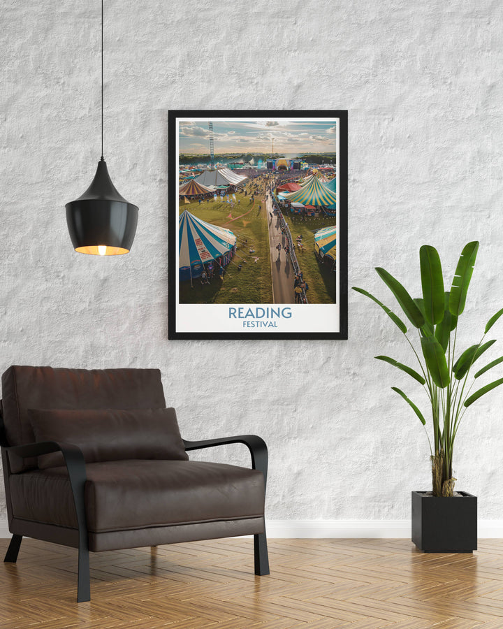 Festival Ground print illustrating the vibrant energy of UK music festivals with elegant Art Deco touches and dynamic festival scenes suitable for stylish home decor