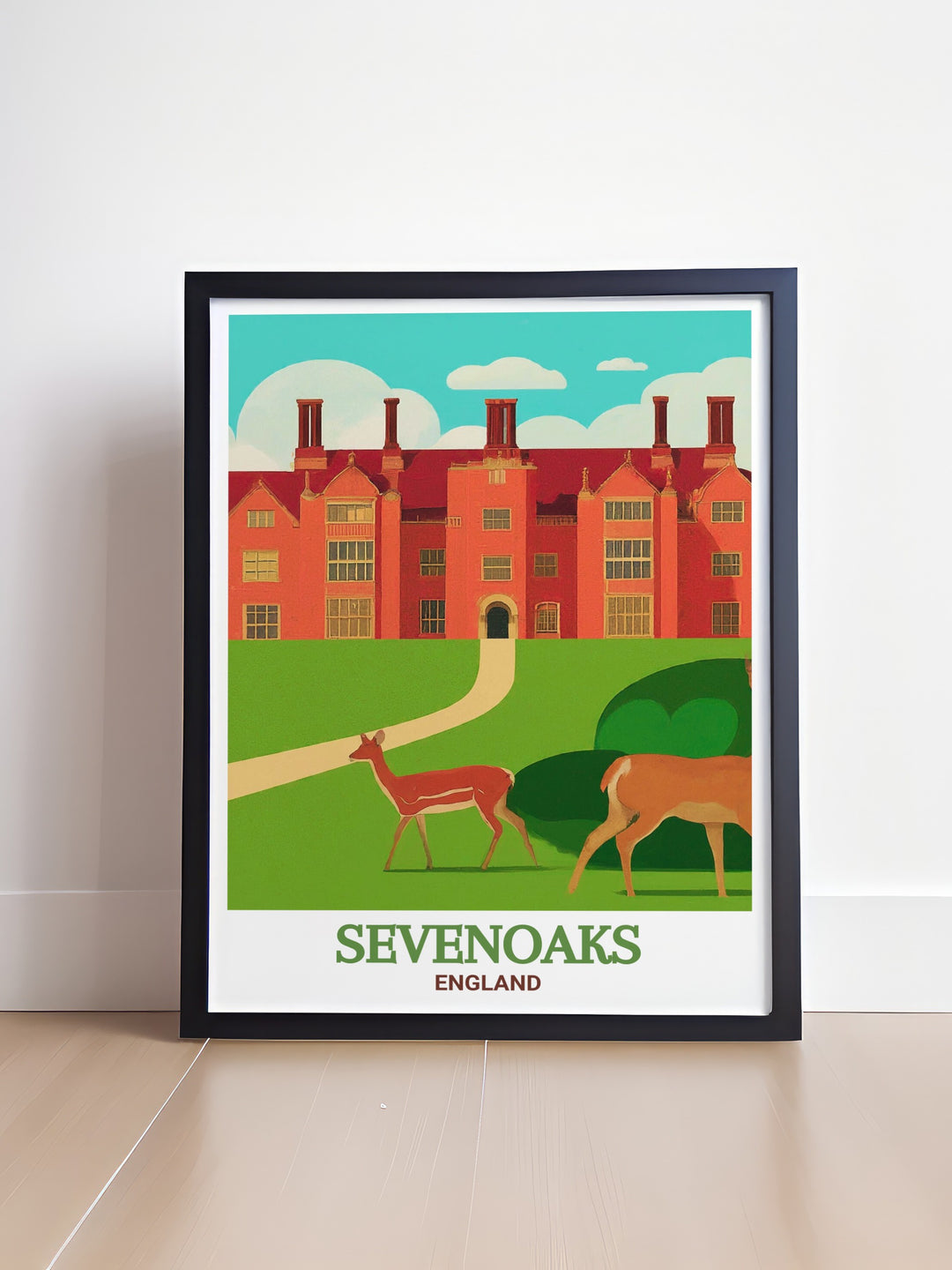 Knole Park travel print showcasing the expansive deer park and historic Knole House in Sevenoaks, England. This artwork captures the essence of the English countryside with its lush green fields, ancient trees, and majestic architecture. The prints detailed design is ideal for adding a touch of history and elegance to your decor, whether in a living room, office, or study. Perfect for those who love nature, history, and the timeless beauty of Englands landmarks.