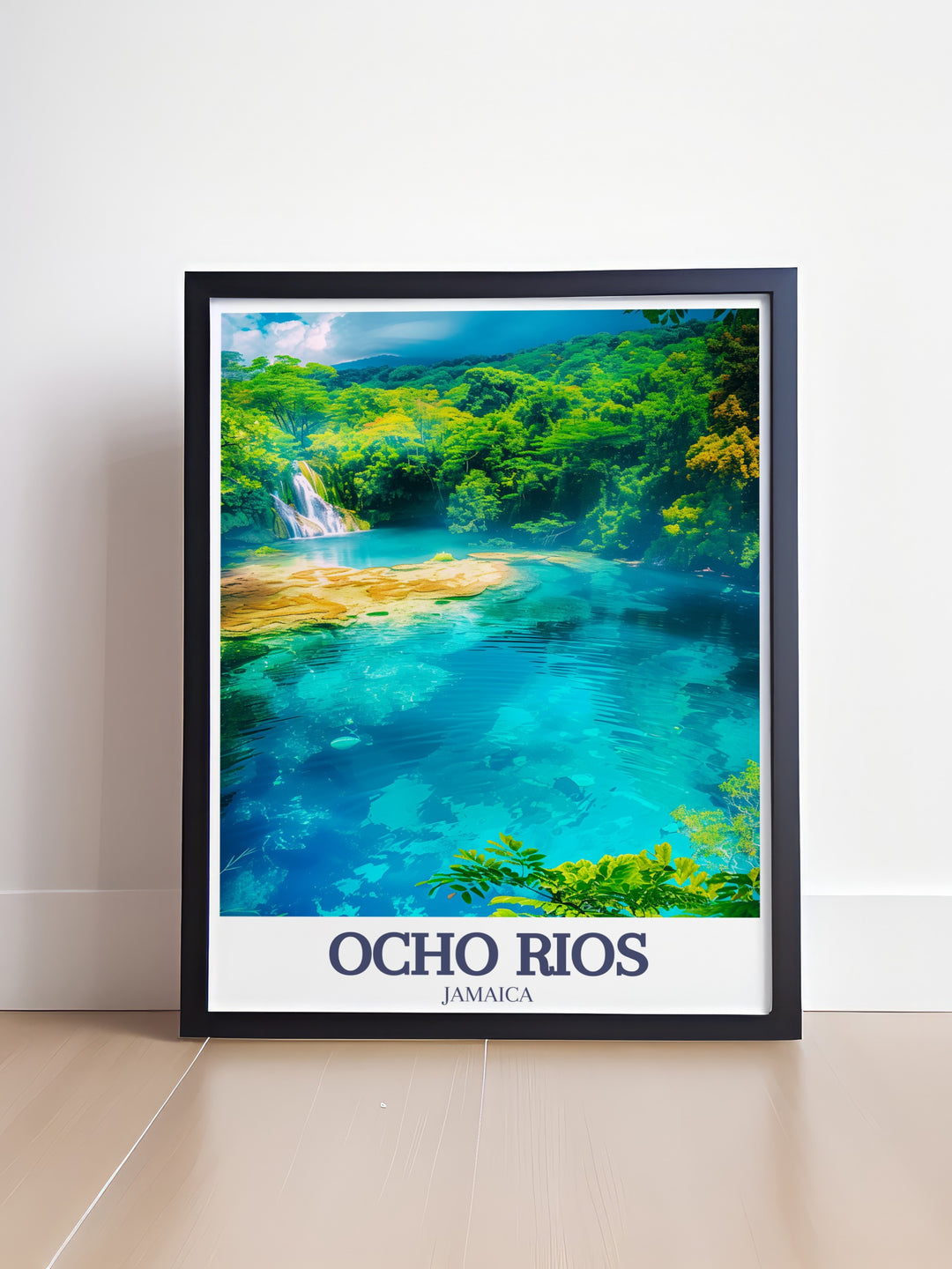 Adorn your walls with this travel print of the Blue Hole, nestled in the heart of the Jamaican rainforest. The intricate depiction of Ocho Rios natural splendor in this wall art brings a touch of exotic beauty to your home, perfect for those who love adventure and travel.