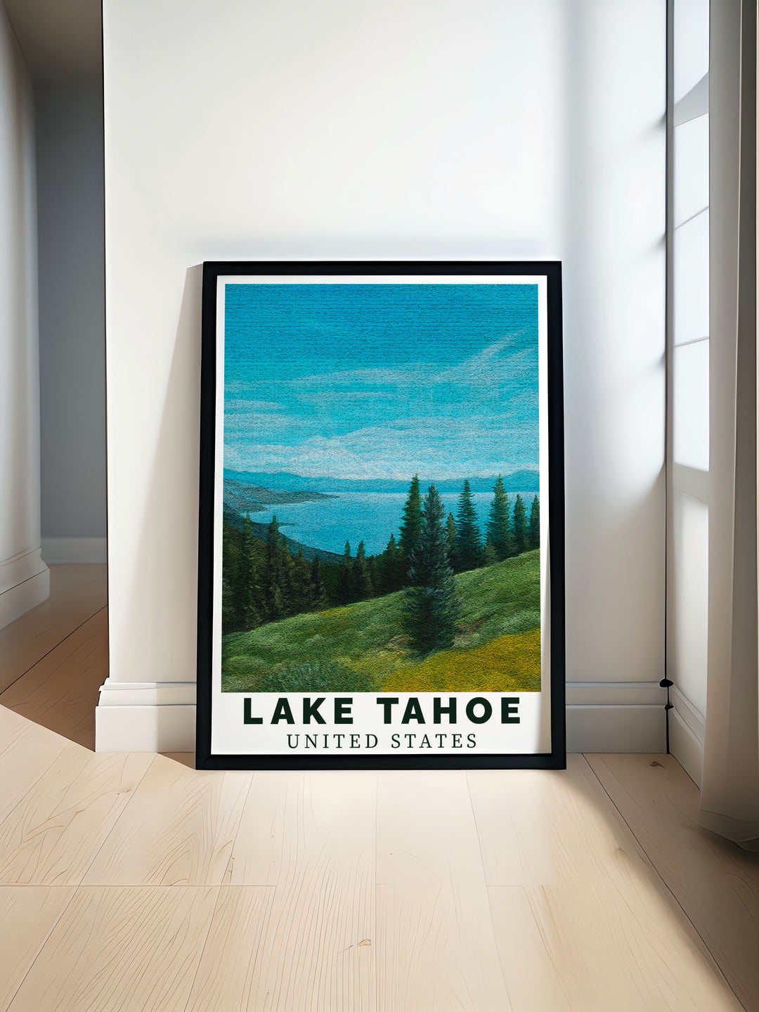 Experience the beauty of Lake Tahoe with our Nevada poster featuring Summer Blue colors perfect for home decor and personalized gifts adding elegance to any space