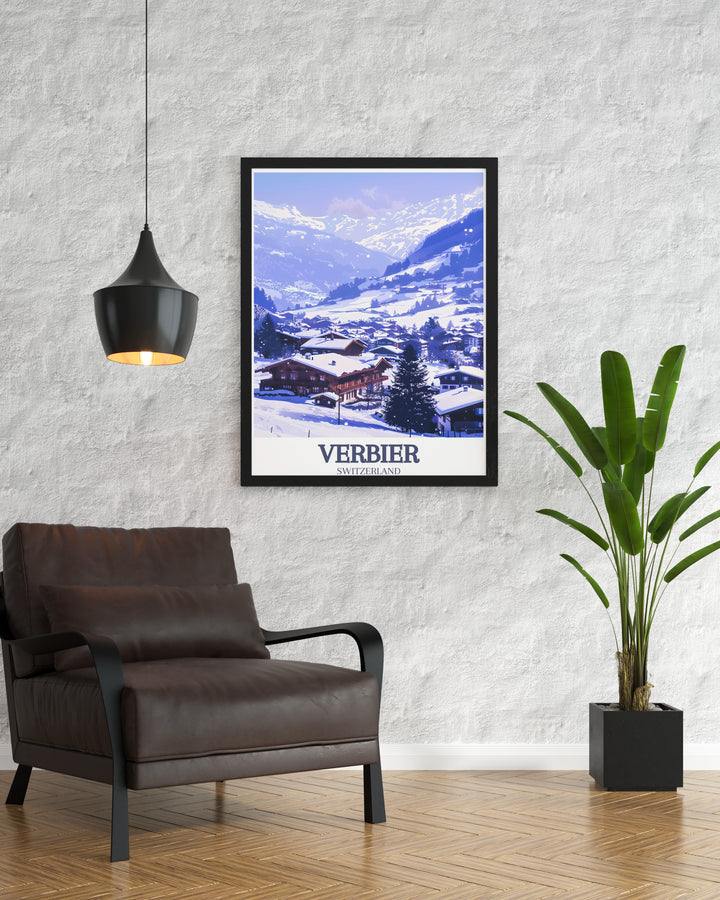 This Verbier skiing artwork features the iconic Verbier mountains and Verbier Village, offering a detailed depiction of Switzerlands famous ski resort. Ideal for ski enthusiasts or mountain lovers, this wall art brings the Alps beauty to life.