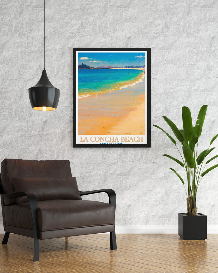 Travel poster of La Concha Beach and Playa de La Concha in Spain, blending vibrant coastal colors with peaceful beach scenes. Ideal for those who appreciate Spanish landscapes, this print will enhance any room with its natural beauty.