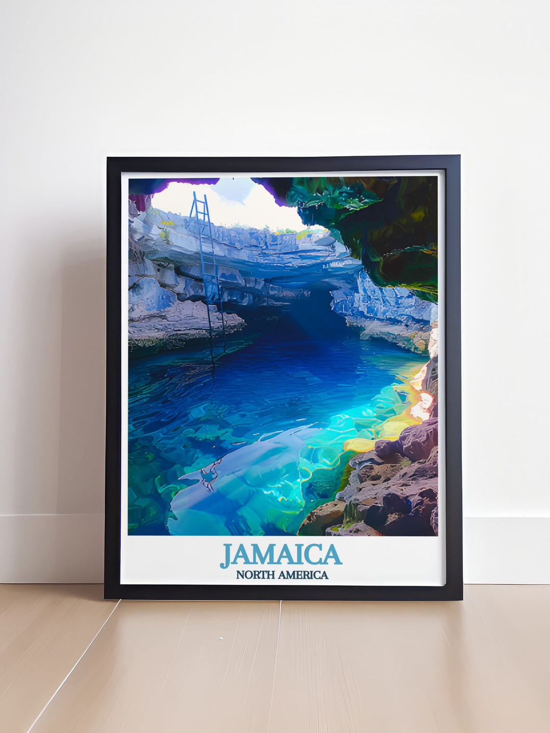 The vibrant colors and detailed scenery of the Blue Hole Mineral Spring are beautifully captured in this poster, celebrating the natural wonders of Jamaica.
